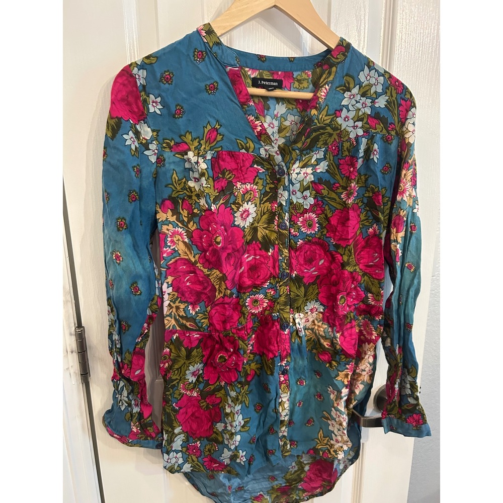 J‎ Peterman Womens Floral Button Front Rayon Tunic Top Teal Pink Size 4